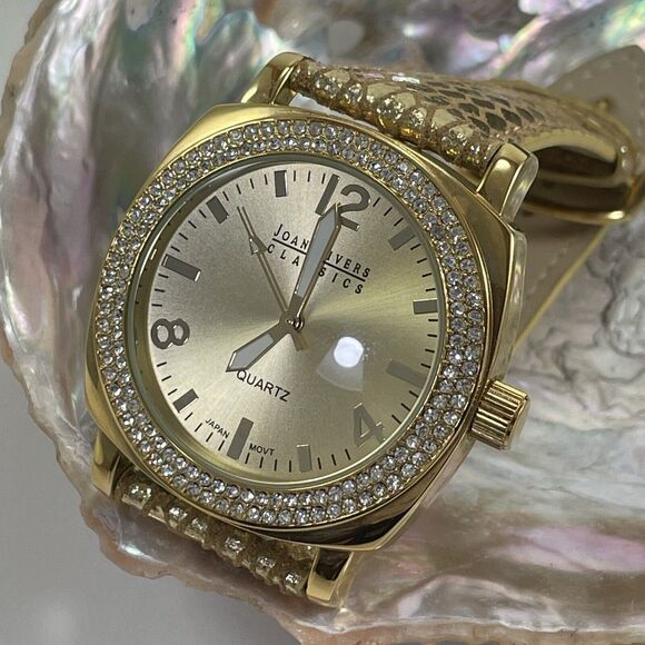Vintage Joan River Classic Quartz Watch Women’s Gold Leather Crystal Bezel - Picture 13 of 16